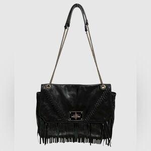 NEW BE&D Fringe Shoulder Bag Black Leather Chain Strap Braided Flap Boho Preppy